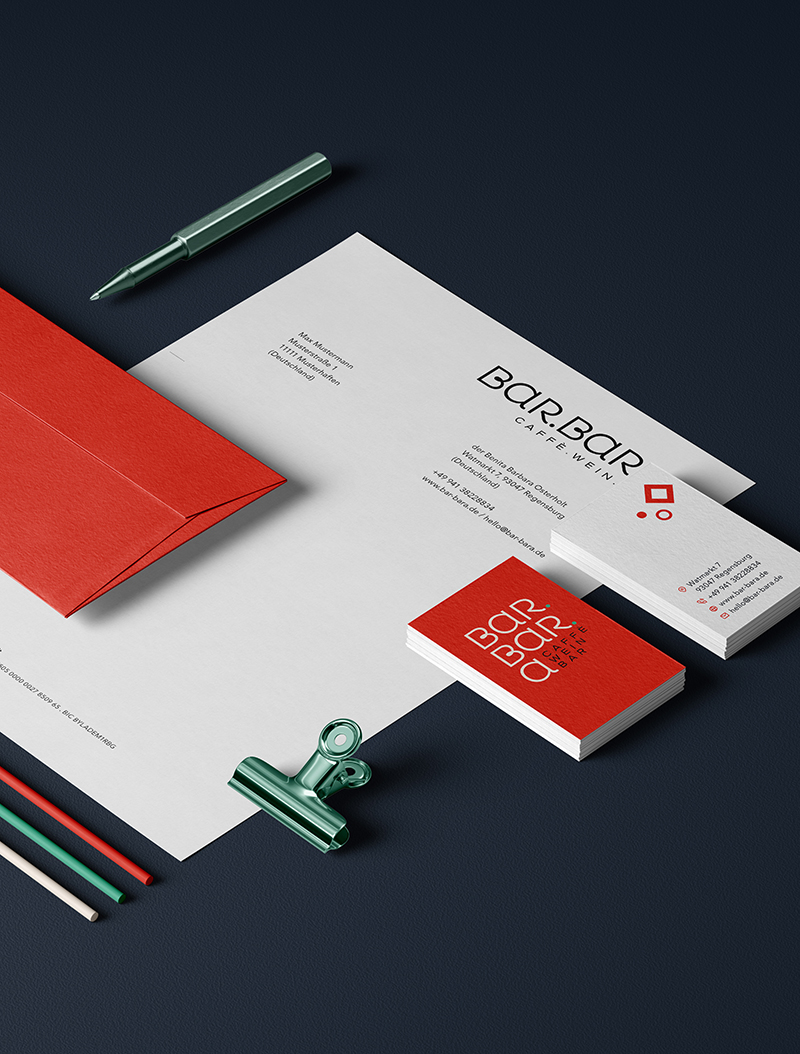 Geschäftsausstattung für BAR.BAR.A: Briefpapier, Umschlag und Visitenkarten